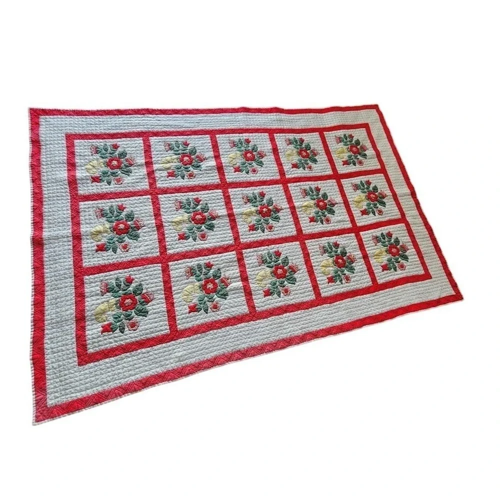 1940s HANDMADE Floral Basket Appliqué‎ Quilt Red Sashing Americana 98x65